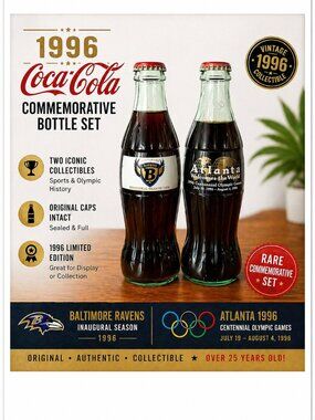 Vintage 1996 Coca-Cola Commemorative Bottles Ravens Inaugural + Atlanta Olympic